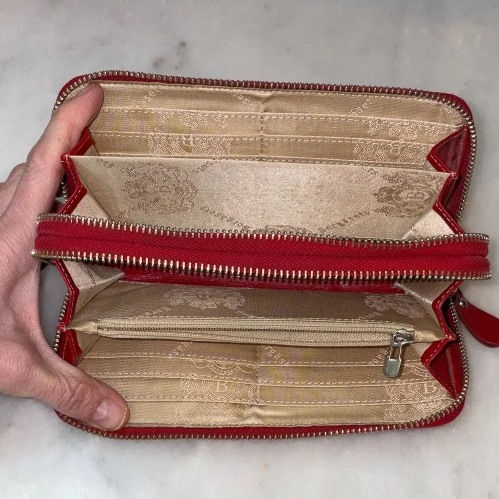Borgasets Wallet Clutch Red Leather Double  Zip Around Wristlet
